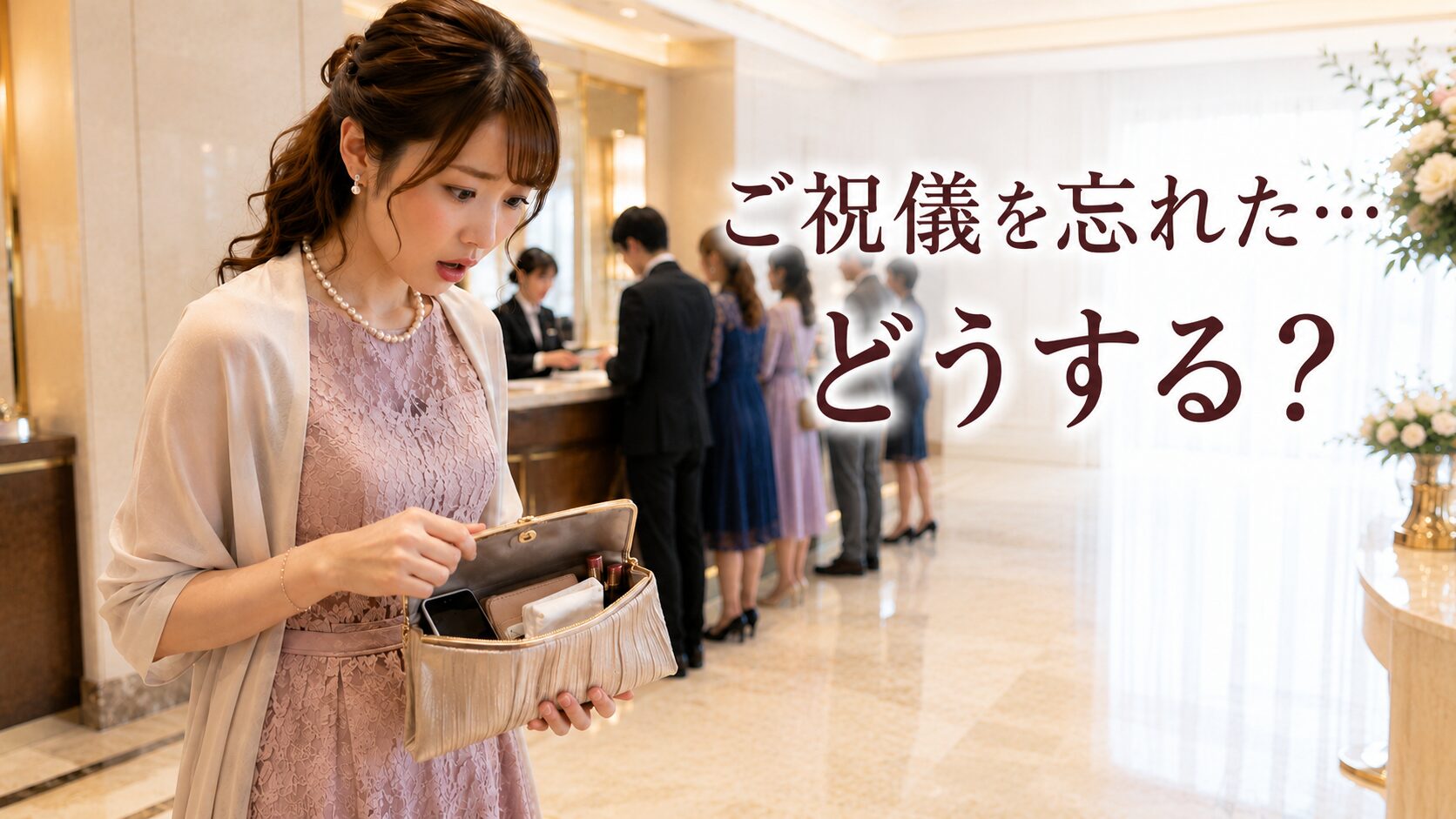 ウェディングの受付エリアでご祝儀袋を忘れて驚く女性