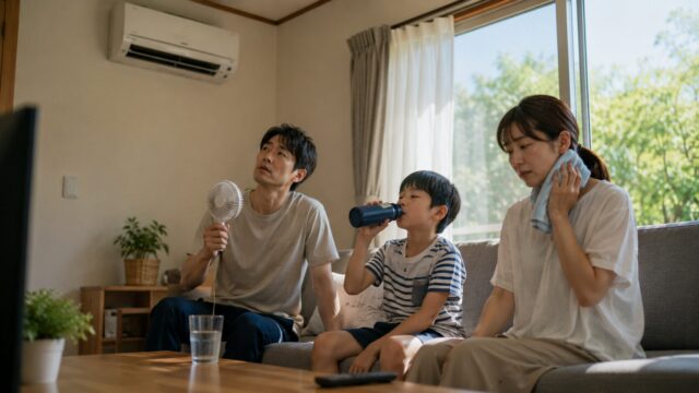 暑さに耐える家族のリビング
