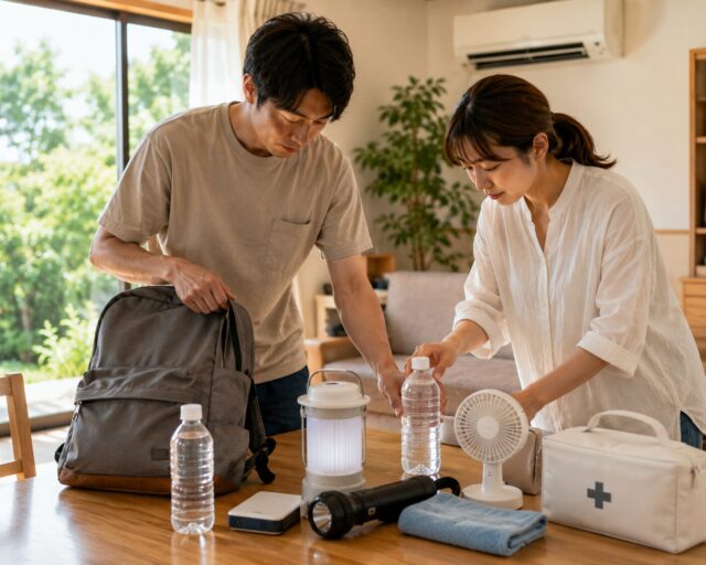 防災用品を整える夫婦