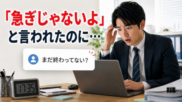 「急ぎじゃないよ」と言われたのに終業前に「まだ終わってない?」と聞かれて驚く男性会社員