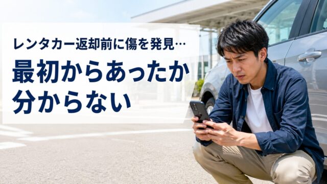 レンタカー返却前に車体に傷があることに気付いてどうしようか迷ってる男性