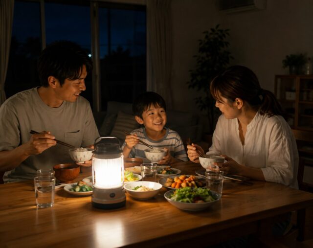 停電中の食卓を囲む家族の温かな夜