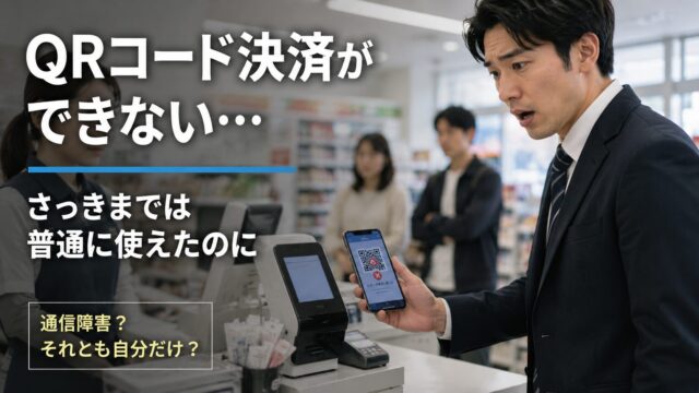 QRコード決済ができなくて焦る男性