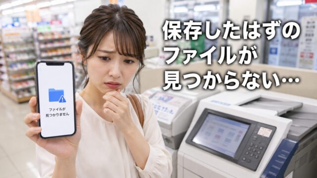 印刷したいファイルが見つからずに困惑している女性