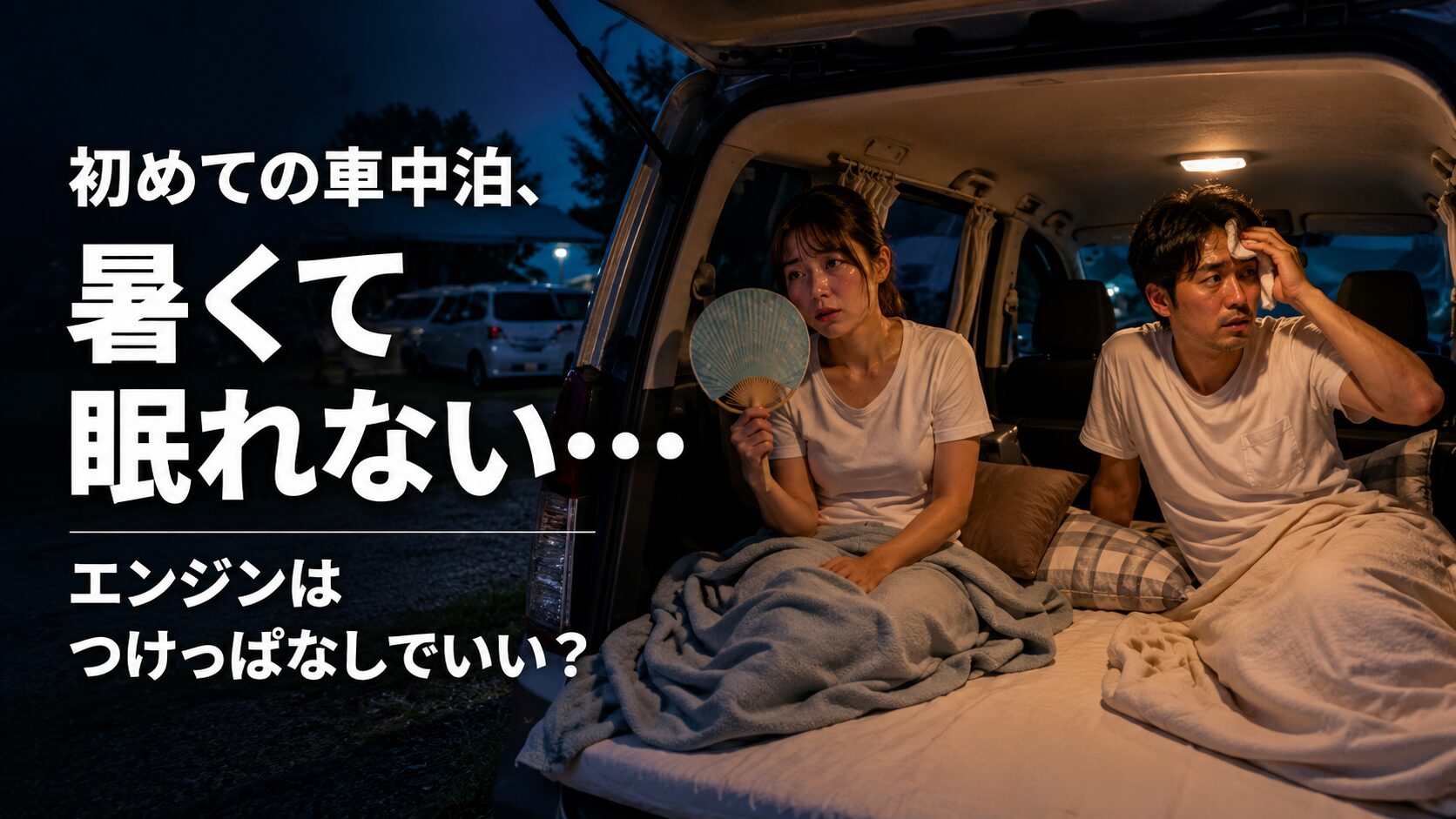 初めての車中泊、暑くて眠れない様子の男女