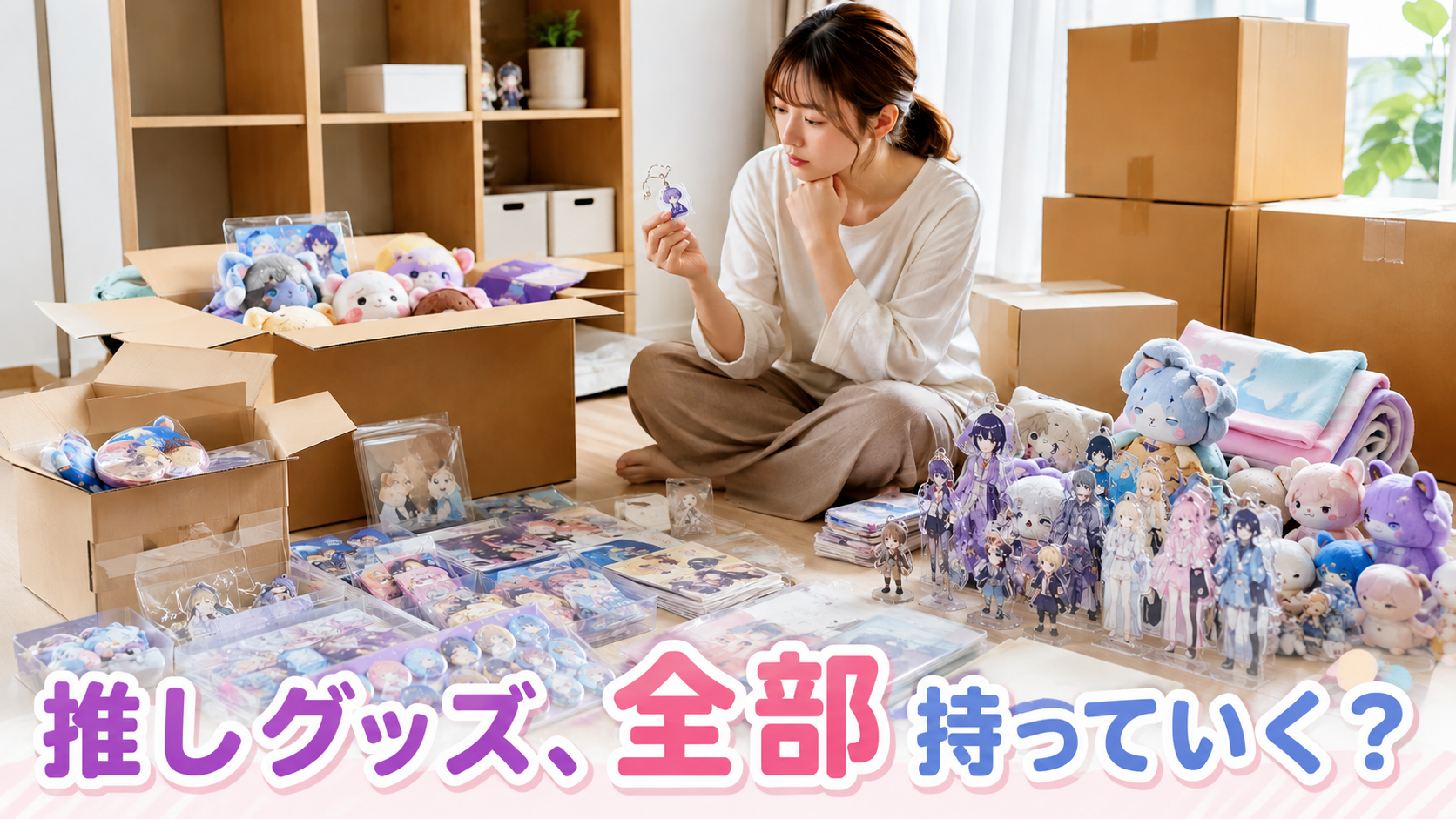 引っ越しの荷造りを始めたら、想像以上に大量の推しグッズが出てきて、全部新居へ持っていくか手放すか考えている場面