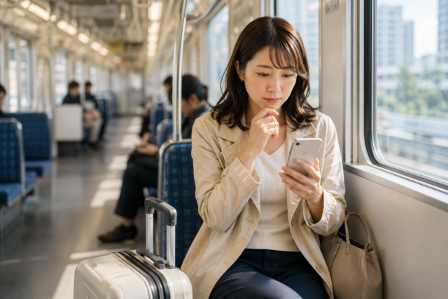 飛行機の出発時刻が迫るなか、空港へ向かう電車の中で到着予定時刻を調べている場面