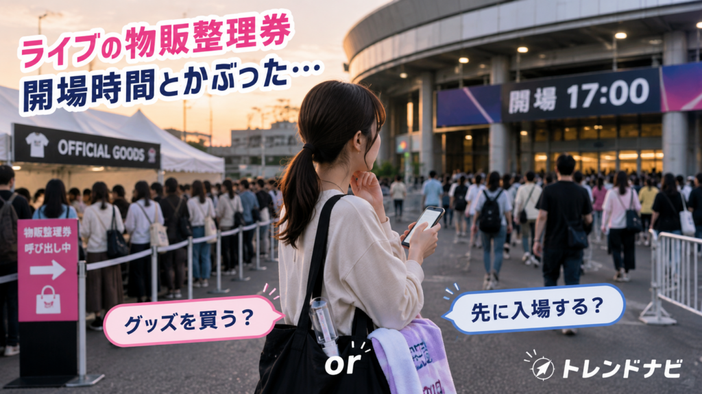 ライブ物販か入場か、迷う女性