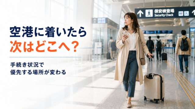 空港到着後、保安検査場へ向かう女性