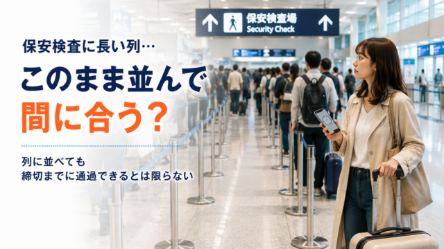 保安検査場の長い列と時刻を見比べる女性
