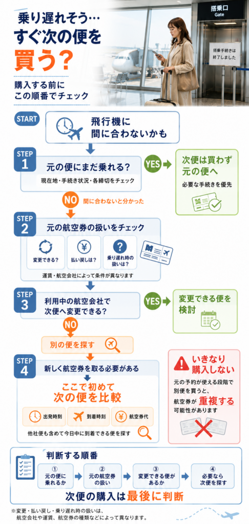 乗り遅れそうでも、すぐ次便を買わない判断フロー