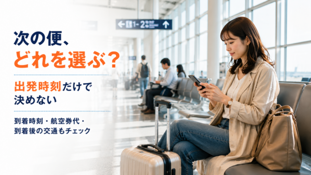 空港のベンチで次の便を検索・比較する女性