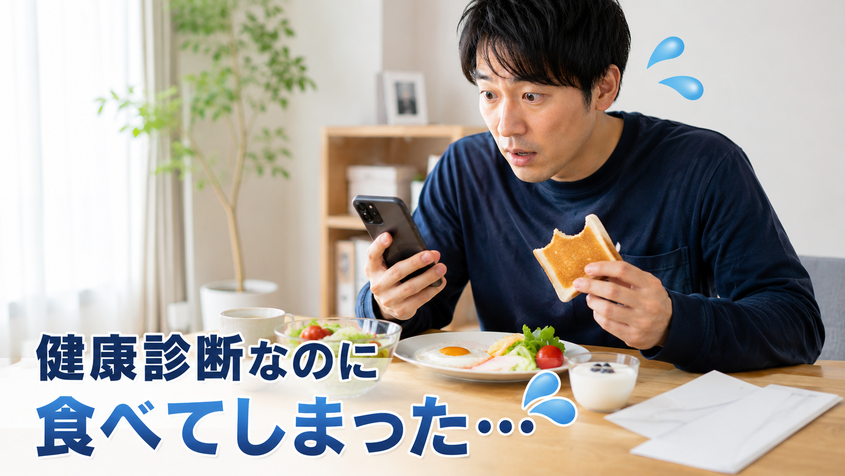 健康診断の日に朝食を食べてしまった男性