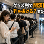 グッズ列で開演間近、並び続けるか迷う女性