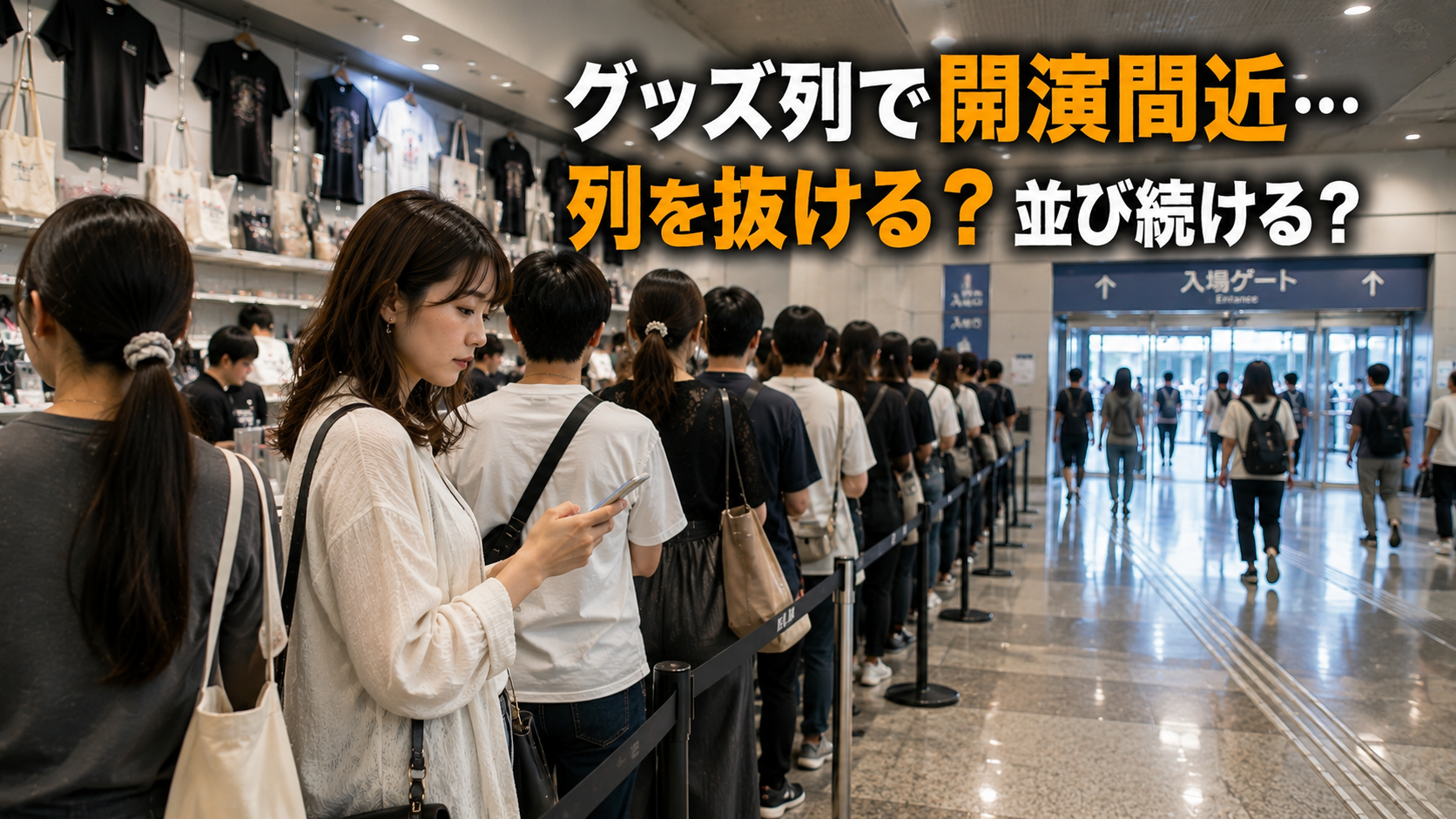 グッズ列で開演間近、並び続けるか迷う女性