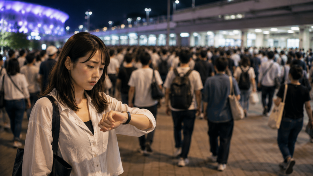 夜の群衆と腕時計を見つめる女性