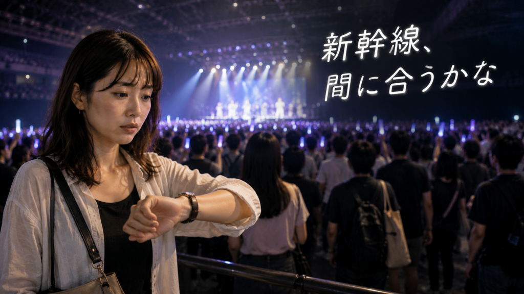 ライブ会場で時間を気にする女性