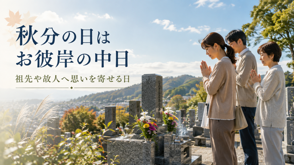 秋分の日に家族で墓参りする様子