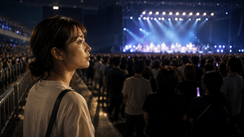 帰れずステージを見る女性