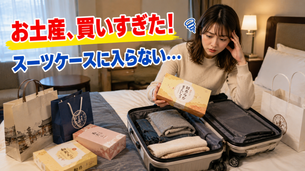 お土産を買いすぎてスーツケースに入らない場面