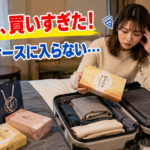 お土産を買いすぎてスーツケースに入らない場面