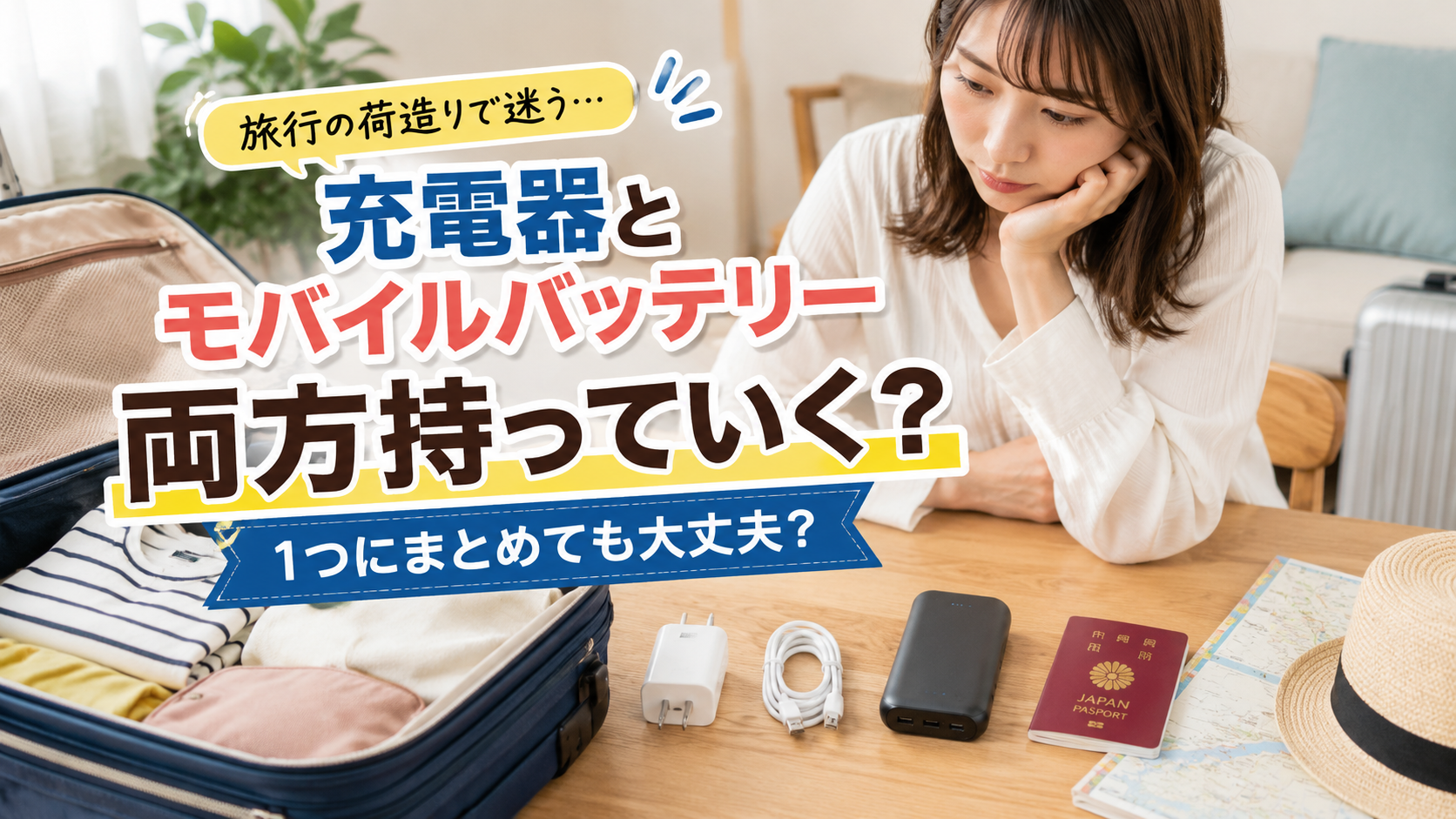 旅行前、自宅で荷造りしている日本人女性