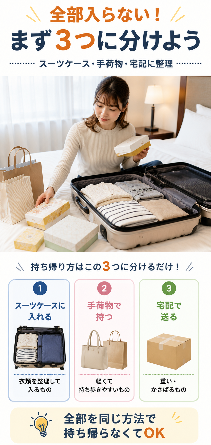 旅行荷物を3つに分ける整理術