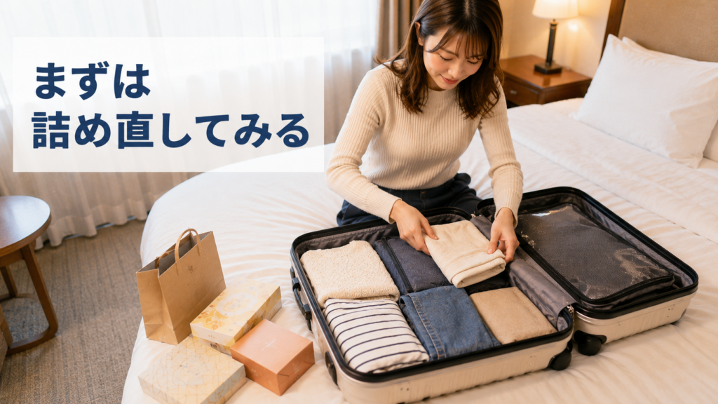 ホテルのベッドで荷物を詰め直す女性