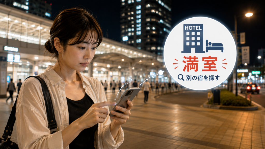 最終新幹線を逃し、夜の駅前でホテルをスマホで探す女性