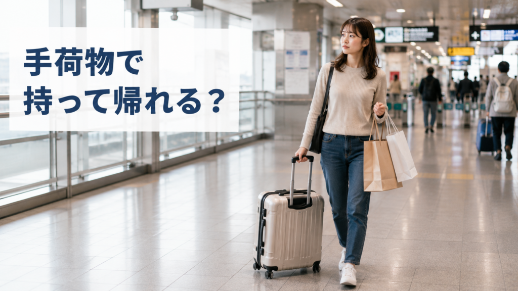 スーツケースと紙袋を持って駅を移動する女性