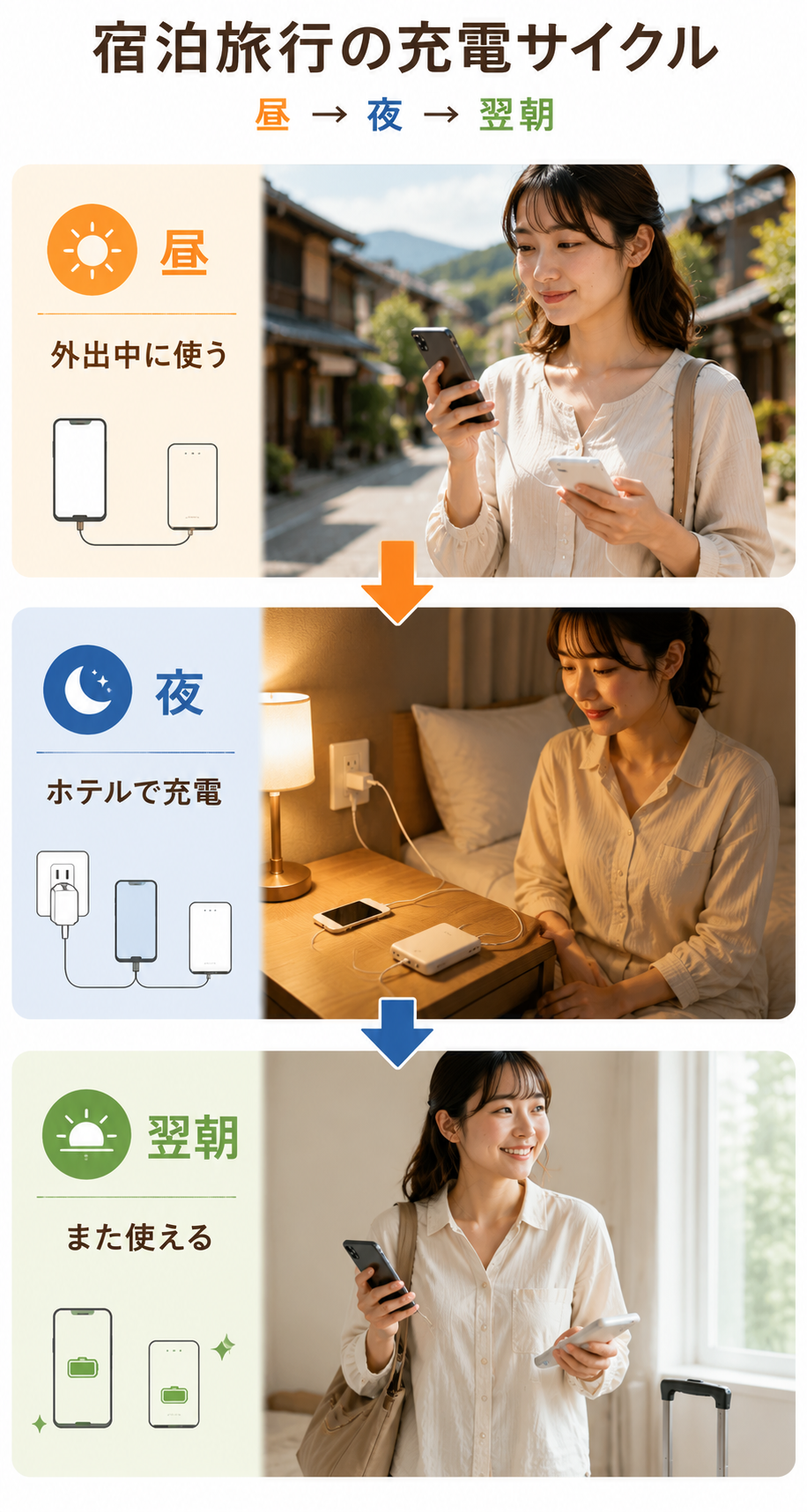 宿泊旅行の充電サイクル