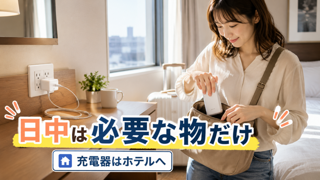 ホテルの机に充電器を残し、小型モバイルバッテリーだけバッグへ入れて観光へ出る女性