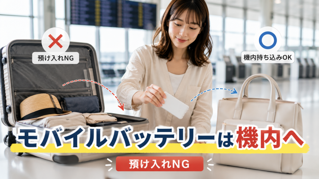 空港で預けるスーツケースからモバイルバッテリーを取り出し、機内持ち込みバッグへ移す女性