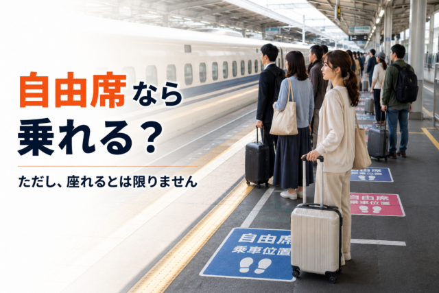 新幹線の指定席が満席だったため、自由席を利用することにして、新幹線ホームの自由席乗車位置で列車を待っている女性