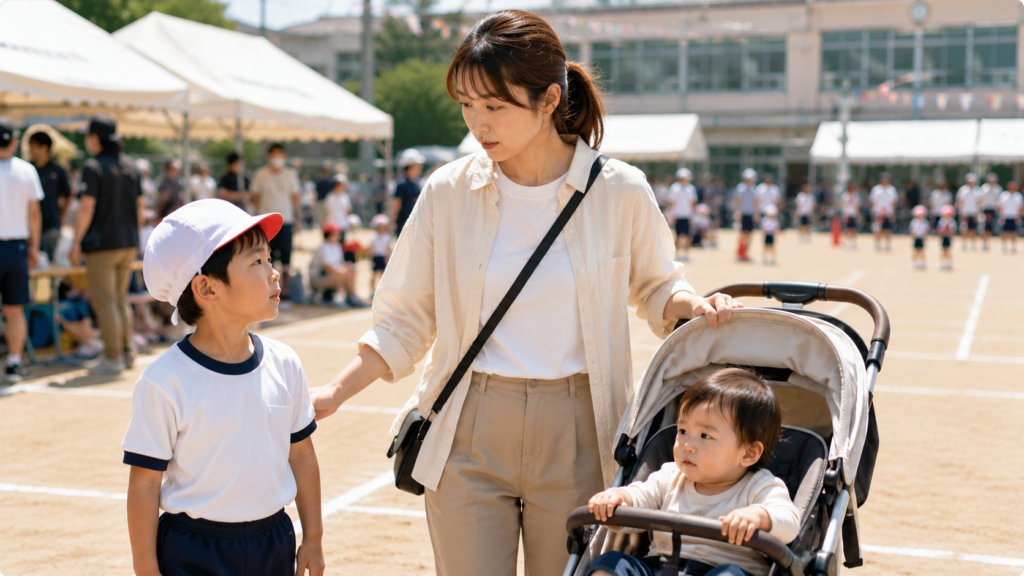 上の子の親子競技と下の子の見守りで困っている母親