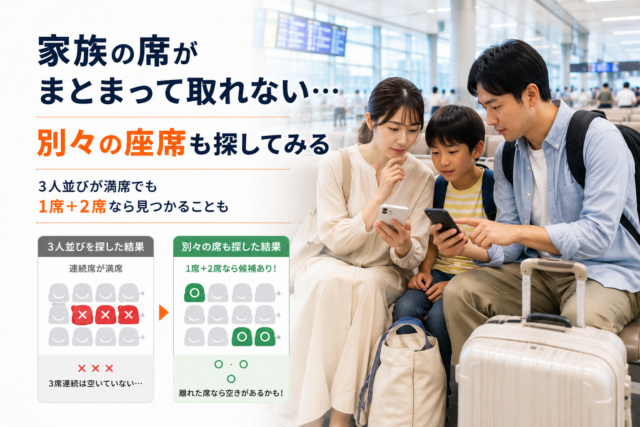 家族3人が一緒に座ることにこだわらず、別々の座席も探している場面