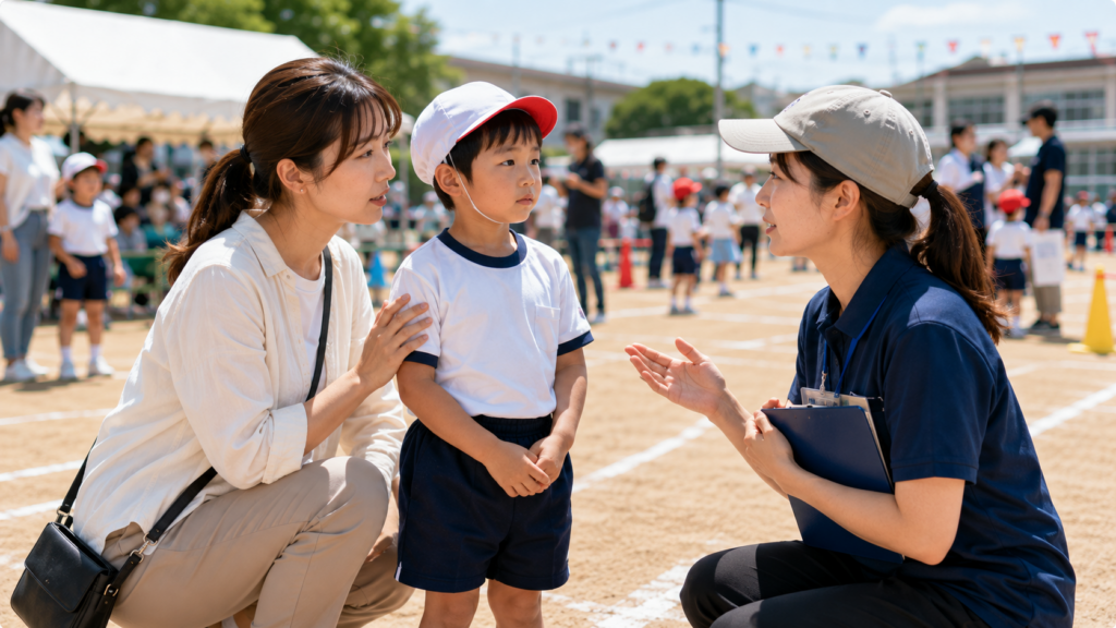 運動会での親子と先生の相談