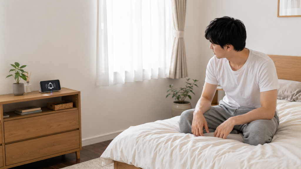 ベッドから少し離れた場所へスマホを置き、アラームを試している場面