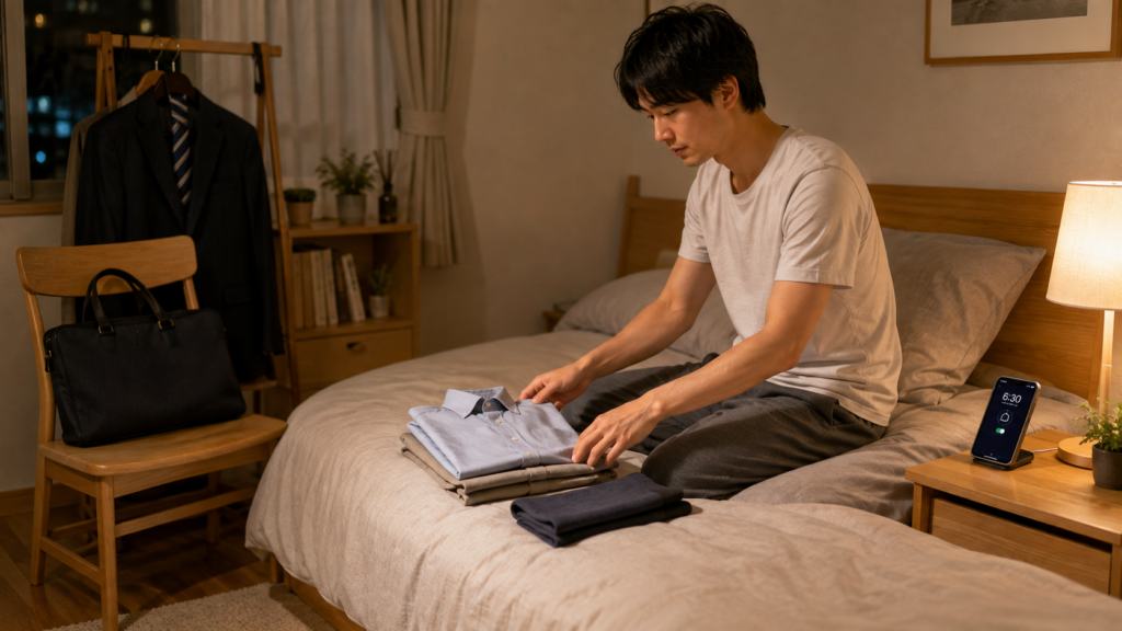 スマホを置き、翌朝の服やバッグを準備している男性