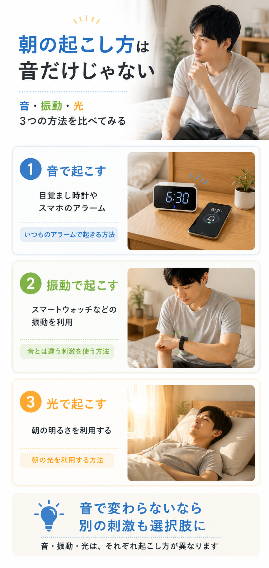 音・振動・光 3つの起こし方