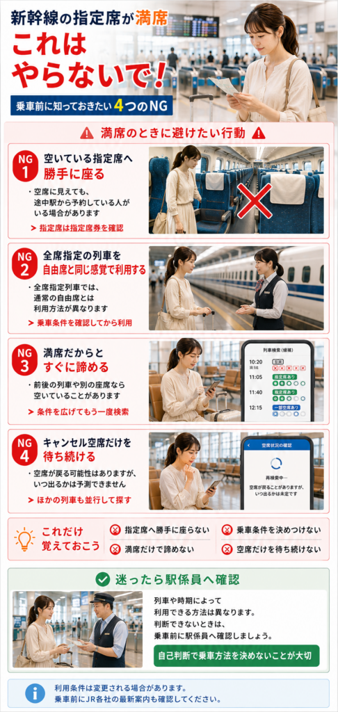 新幹線の指定席が満席だったときに、やってはいけない行動や注意したい判断