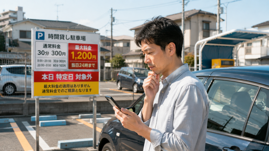 駐車場で料金を確認する男性