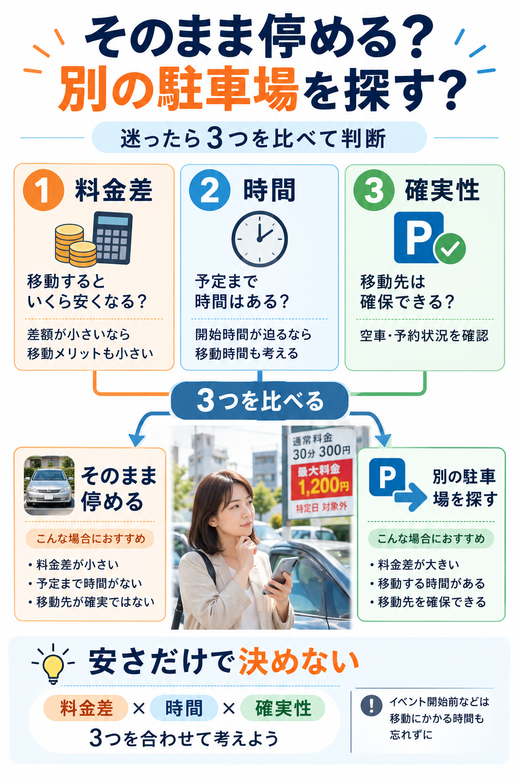 そのまま停めるか別を探すかの判断フロー