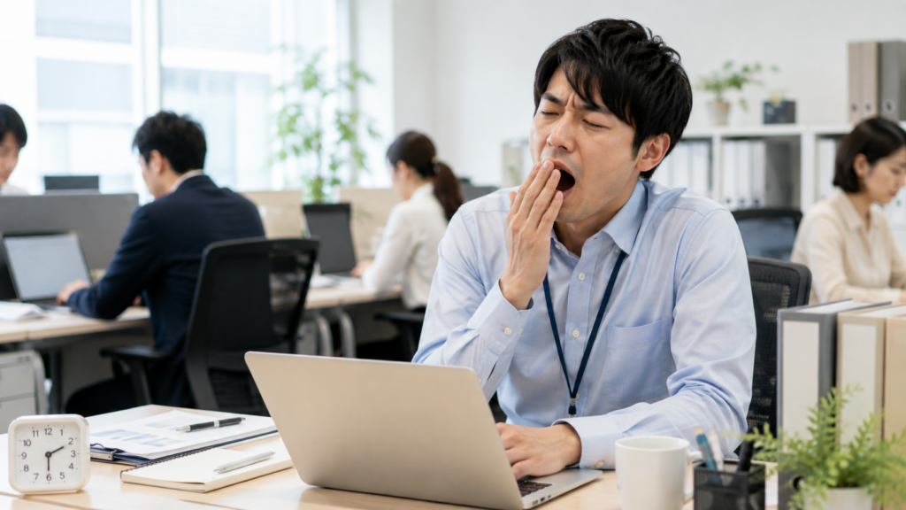 十分寝ても朝起きられず、日中も眠気が続いている場面