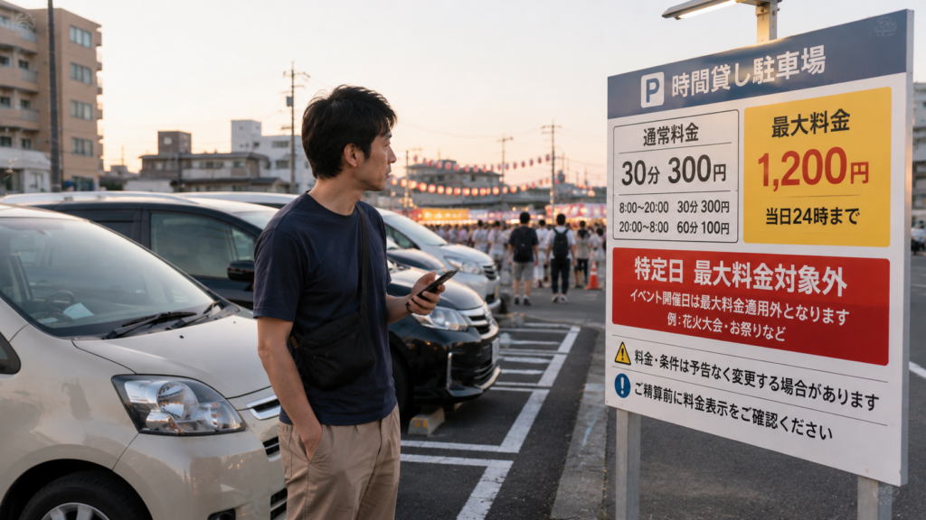 夕暮れの駐車場と祭りの灯り