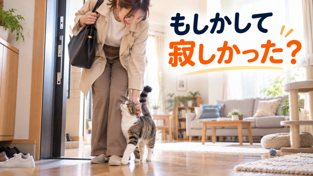 宅した女性の足元へ猫が寄っていく様子
