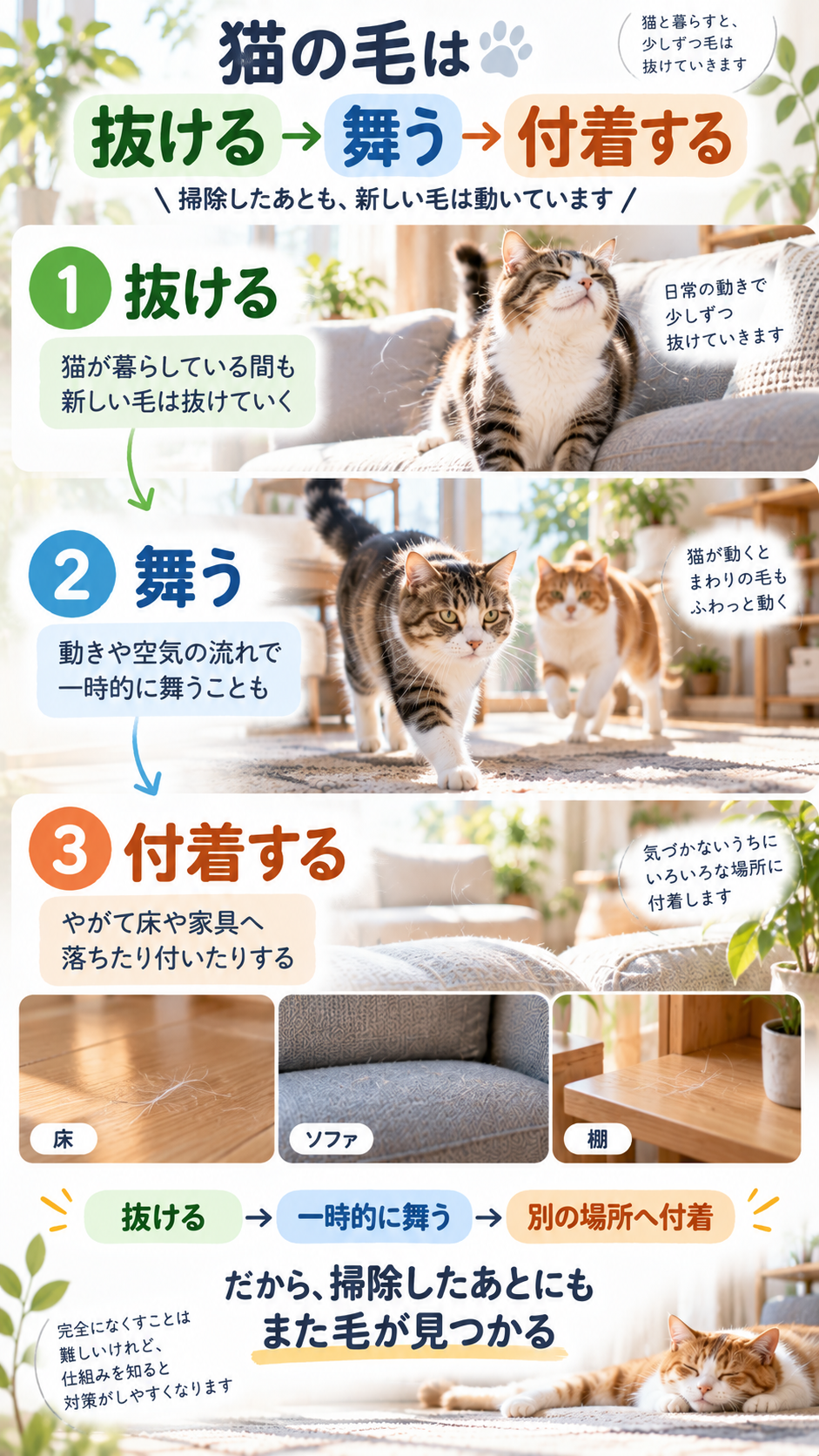 猫の毛が抜けて舞い付着する流れ