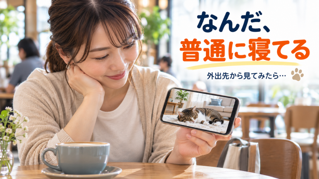 カフェで猫の様子を見る女性