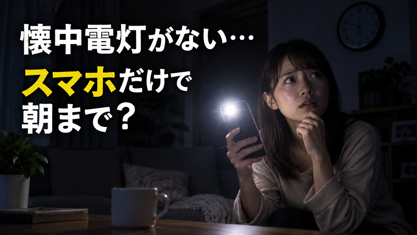 停電の夜、スマホのライトだけで不安な女性