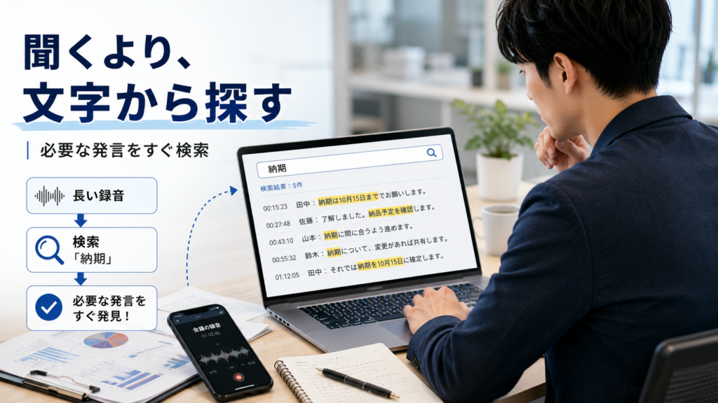 文字検索で会議録音を瞬時に発見